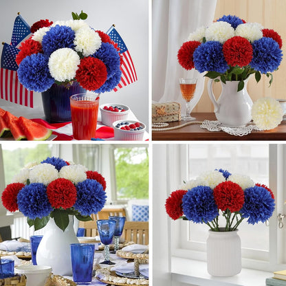 TETOU 12 Pcs Red White Blue Artificial Chrysanthemums Flowers Patriotic Flowers Decor,4th of July Fake Silk Mums Flowers for Home Indoor Patriotic Party Memorial Day Table Centerpiece Decorations