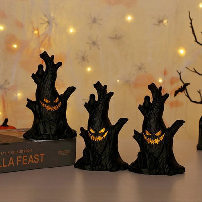 TETOU 3Pcs Halloween Ghost Tree Stump Light, Halloween Flameless LED Candle Holder Lights Battery Operated for Hallowe'en Party Table Home Spooky Decor - Black(Warm Light)