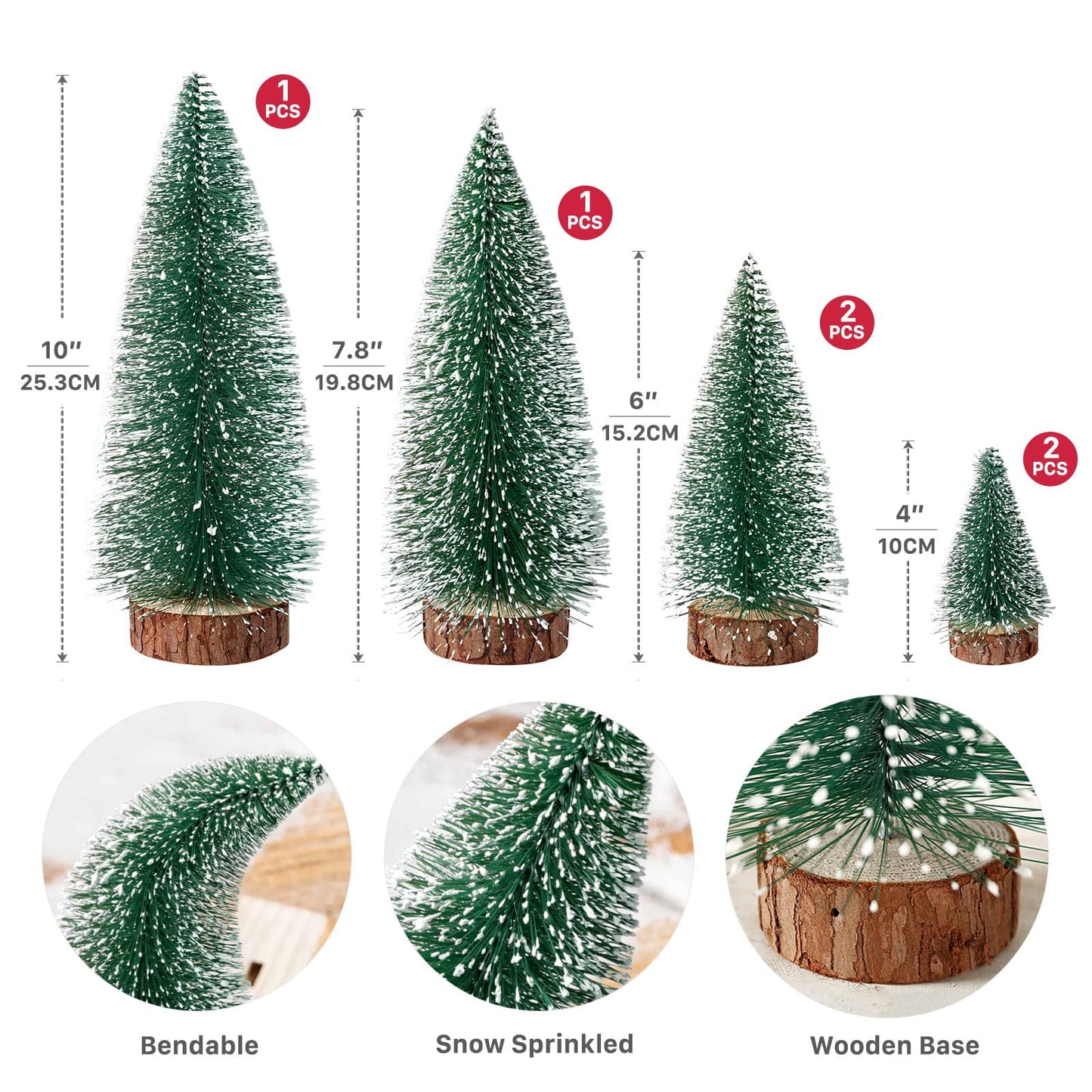 TETOU 6pcs Mini Christmas Trees Snow Bottle Brush Tree Green with 4 Sizes for Village Home Table Decoration