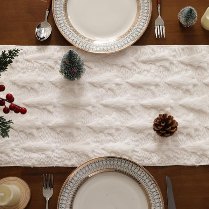 TETOU Christmas Tree Jacquard Table Runner 13x72 Inch Soft Plush Faux Fur Table Decoration for Christmas Home Party - White