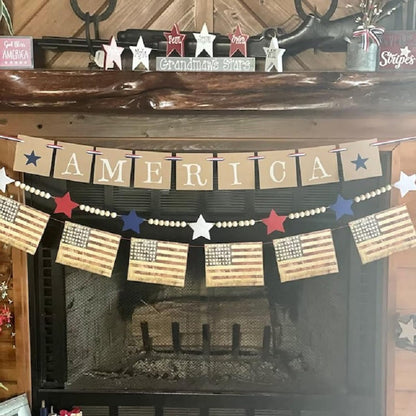 TETOU American Patriotic Wooden Bead String with Star-Shaped Charms, Red White Blue Beaded Garland for Independence Day 4th of July Home Fireplace Wall Decor - 127cm/50inch