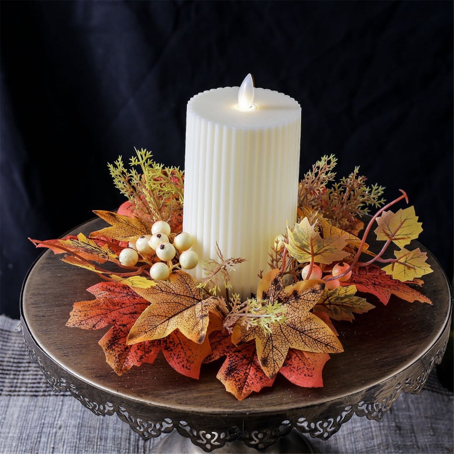 TETOU 2Pcs Artificial Maple Leaves Candle Rings Berry Wreaths for Pillar Candle Holder, Thanksgiving Candle Rings Wreath for Autumn Thanksgiving Wedding Home Door Tabletop Decoration - Orange