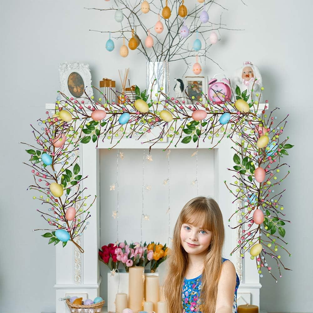 TETOU 6 FT Easter Egg and Mixed Berry Garland, Hanging Rustic Pastel Spring Easter Decor,Artificial Easter Garland for Indoor Outdoor Home Fireplace Party Door Decoration