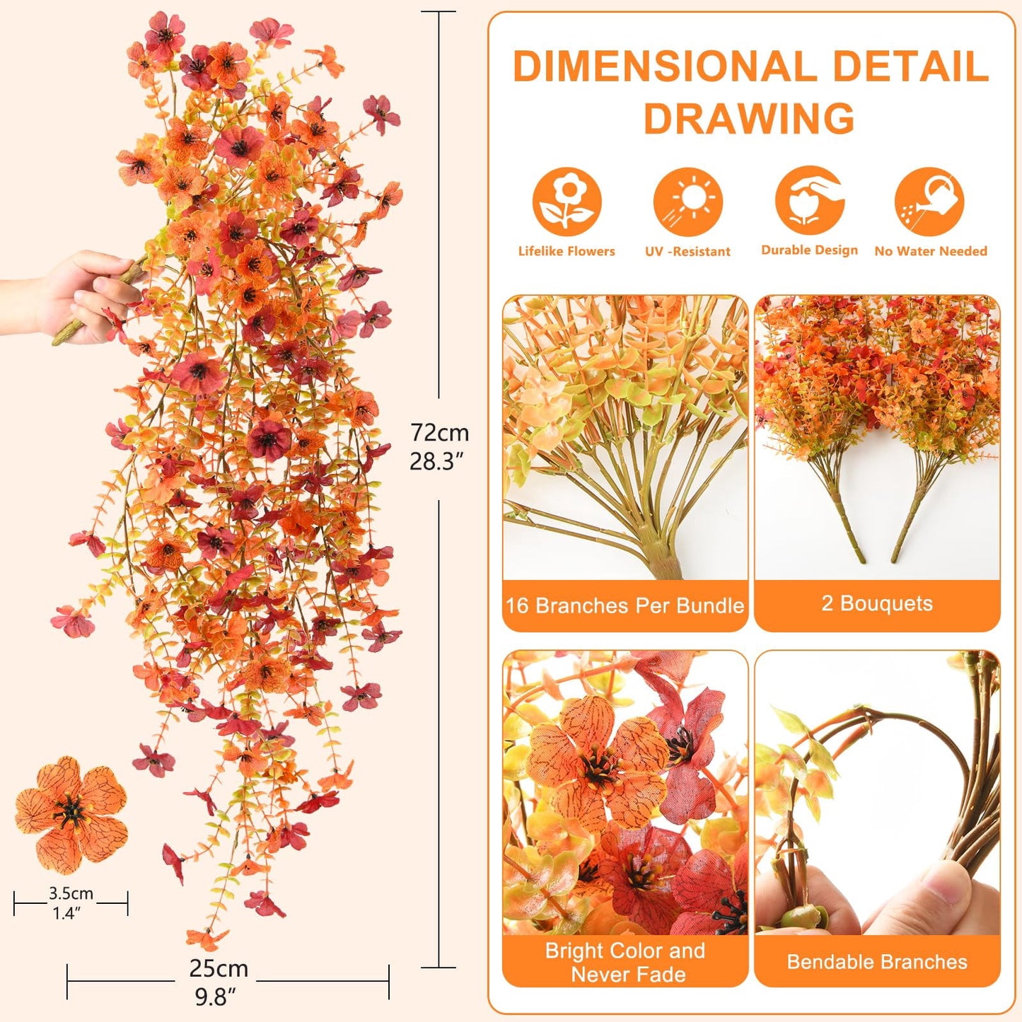 TETOU Artificial Hanging Flowers for Outdoor,2 Pcs UV Resistant No Fade Fake Silk Daisy Flower for Fall Thanksgiving Outside Planter Front Door Garden Farmhouse Decoration(Orange Autumn Red)