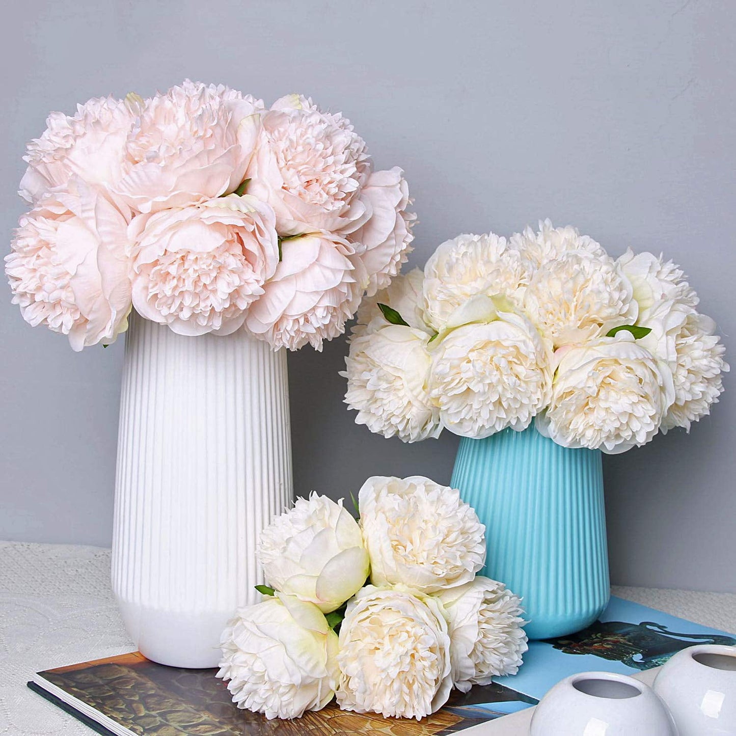 TETOU 2pack 10Heads Artificial Peony Silk Flower Fake Peony Bouquet for Wedding Party Decor - Cream White