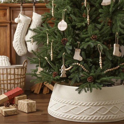 TETOU 28In Knitted Christmas Tree Collar,Cream Farmhouse Rustic Crossed Diamond Edge Christmas Tree Collars Tree Skirt for Christmas Tree Home Holiday Party Decoration