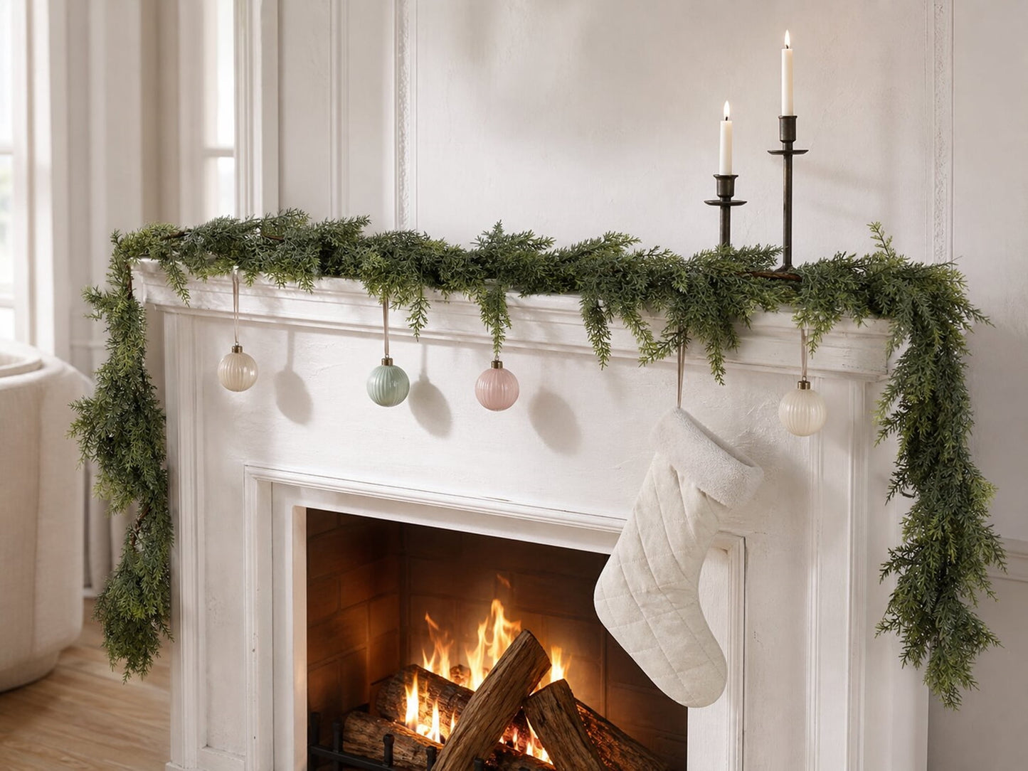 TETOU 1pc 9ft Christmas Cedar Garland,Artificial Realistic Cedar Pine Needles Greenery Garland for Christmas Holiday Winter Wall Mantle Fireplace Table Indoor Decor