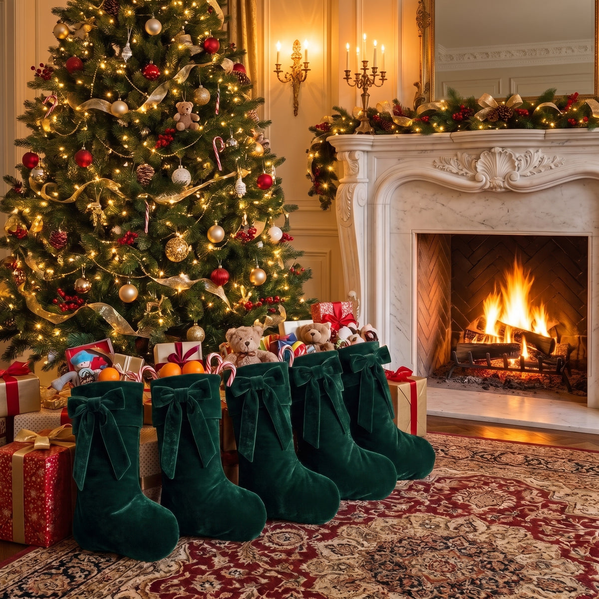 TETOU 18.9" Velvet Christmas Stockings, Extra Thick Large Bow Velvet Christmas Stockings for Fireplace Family Holiday Christmas Gifts Party Decorations(Green)