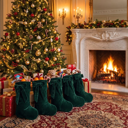 TETOU 18.9" Velvet Christmas Stockings, Extra Thick Large Bow Velvet Christmas Stockings for Fireplace Family Holiday Christmas Gifts Party Decorations(Green)