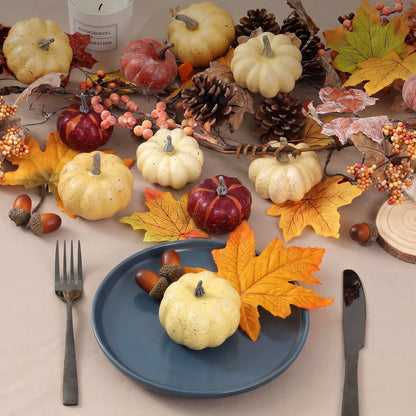TETOU 23pcs Fall Pumpkin Decor Set, Mini Artificial Pumpkins Maple Pinecones Decor for Thanksgiving Halloween Autumn Fall Harvest Farmhouse Decorations