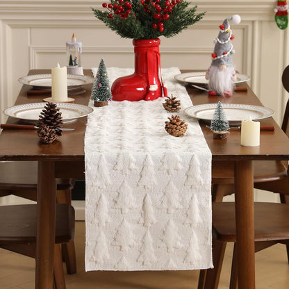TETOU Christmas Tree Jacquard Table Runner 13x72 Inch Soft Plush Faux Fur Table Decoration for Christmas Home Party - White
