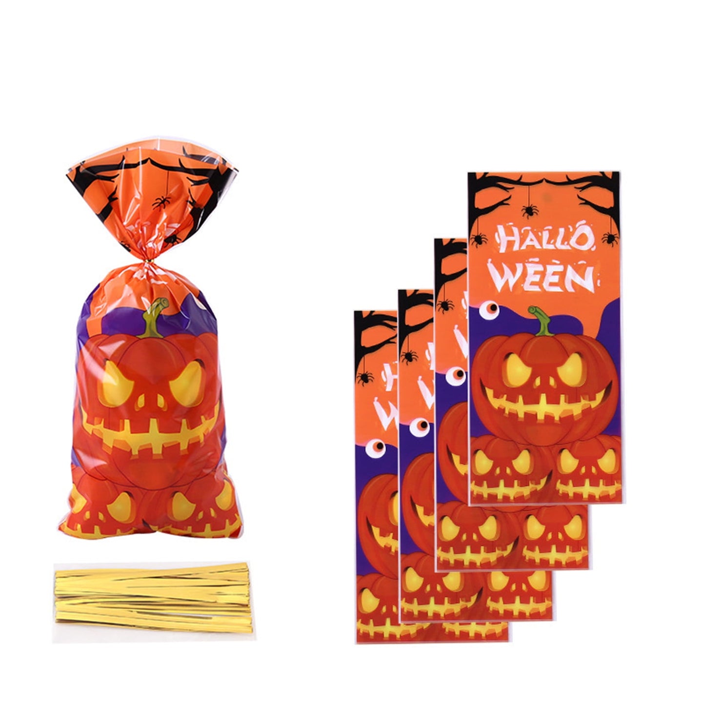 TETOU 50Pcs Halloween Cellophane Treat Bags, 4.92*10.93" Multi Color Candy Bags Bats Pumpkin and Witch Halloween Goody Bags with Twist Ties for Snacks Cookies Packing Halloween Party Favor