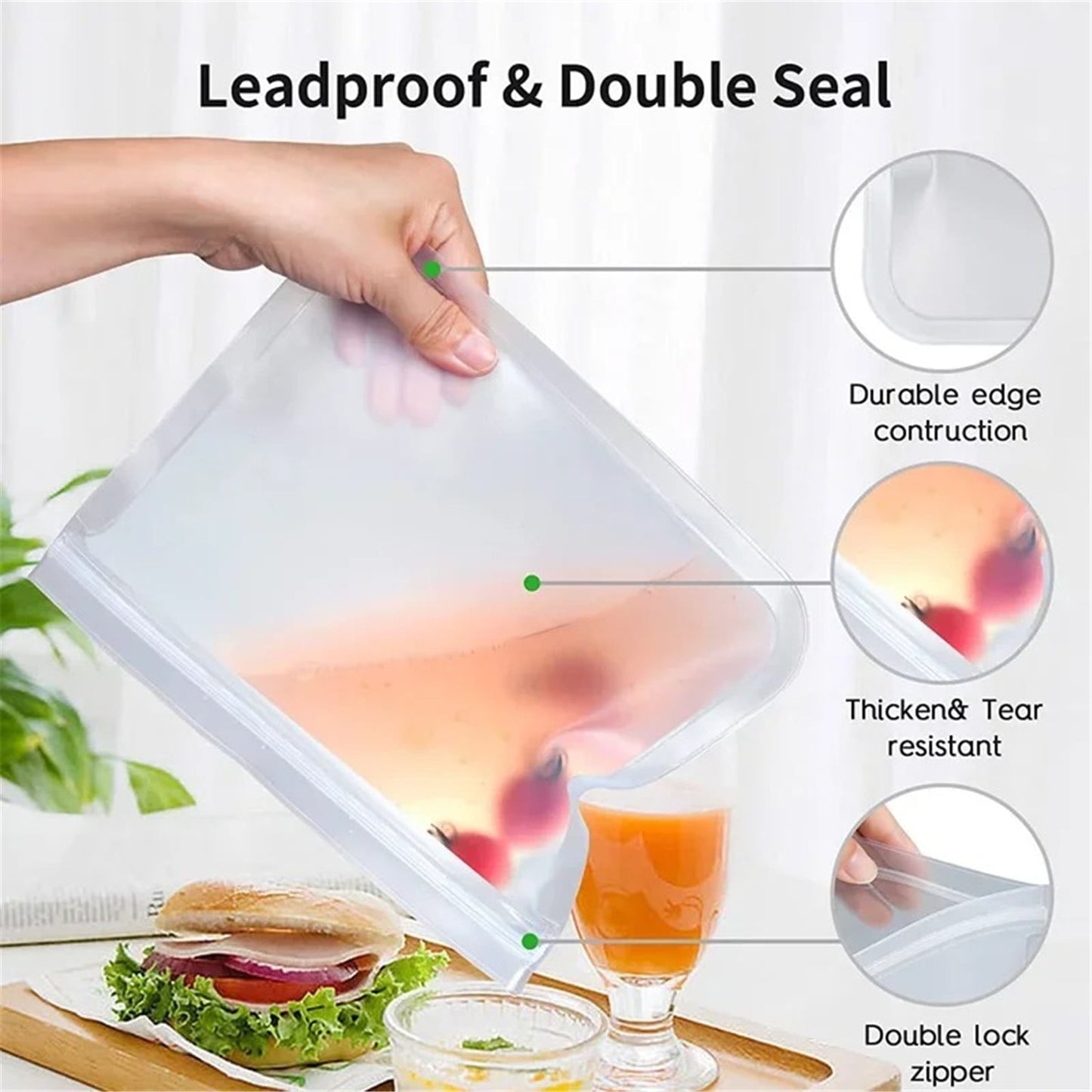 TETOU Reusable Silicone Bag, Leakproof Ziplock Food Storage Bags PEVA Freezer Bags for Sandwich Snack Vegetable Meat Cheese Lunch Kitchen Marinate Food Travel
