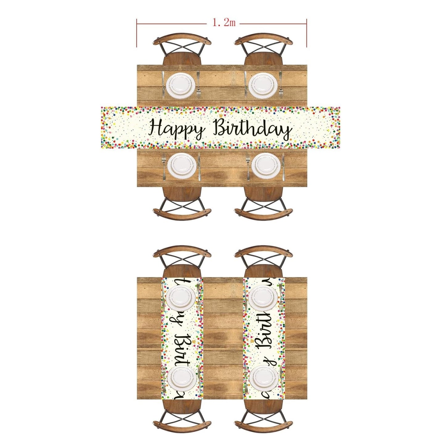 TETOU Happy Birthday Table Runner 72" White Linen Table Runner Placemats for Celebrate Birthday Party Supplies Table Decoration