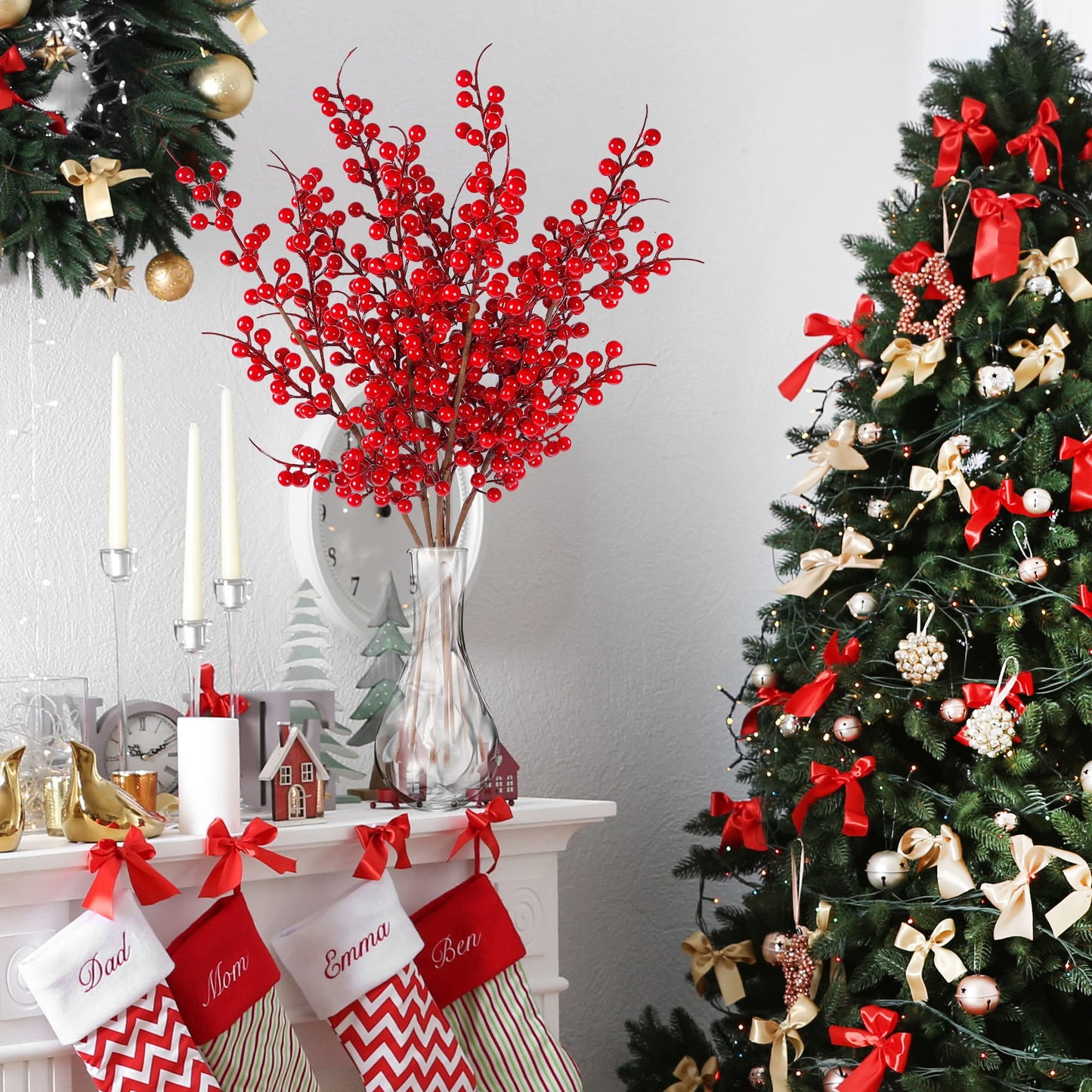 TETOU 6pcs Christmas Berry Stems Artificial Red Berries Holly Branches 24.4in Floral Arrangements Christmas Tree Decor