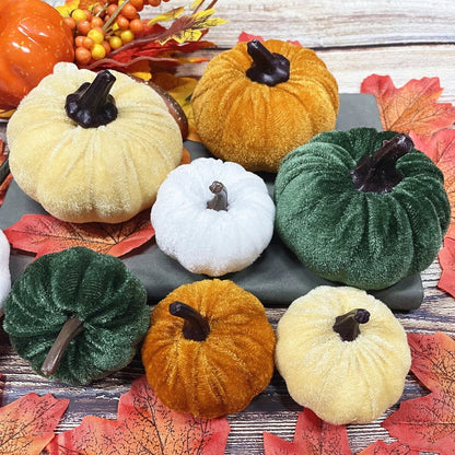 TETOU 8Pcs Faux Velvet Foam Pumpkin with 50pcs of maple leaves, Artificial Fake Velvet Foam Fabric Pumpkins Decoration or Fall Home Farmhouse Harvest Thanksgiving Decor