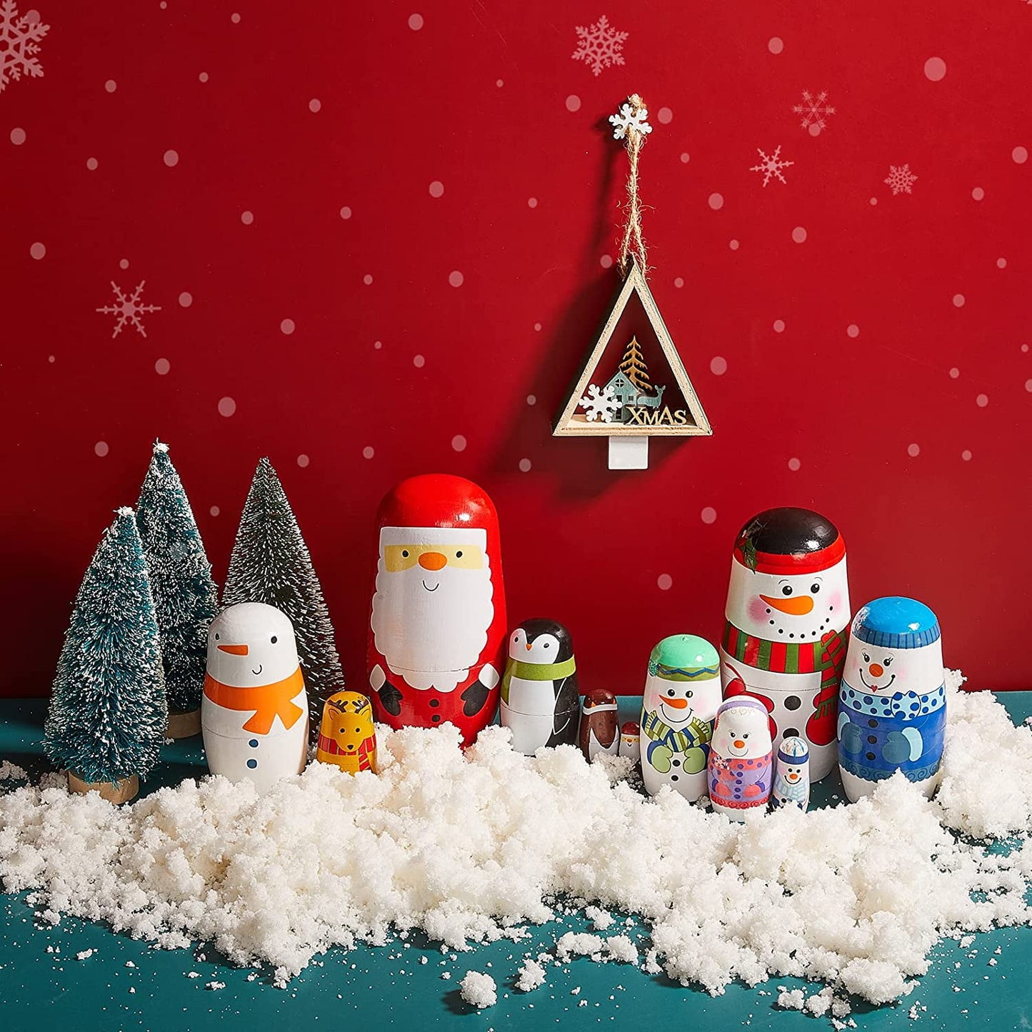 TETOU 5 Layer Christmas Nesting Dolls Wooden Snowman Matryoshka Doll Toy for Birthday Party Gift Christmas Decoration