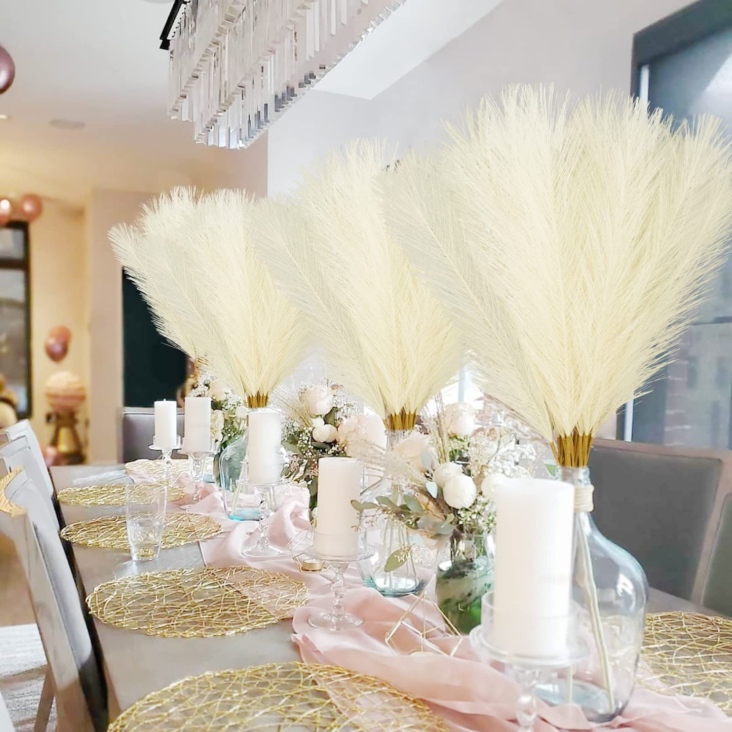 TETOU 50pcs Faux Pampas Grass 21.65" Short Vase Filler Flower Arrangement Home Wedding Boho Decor