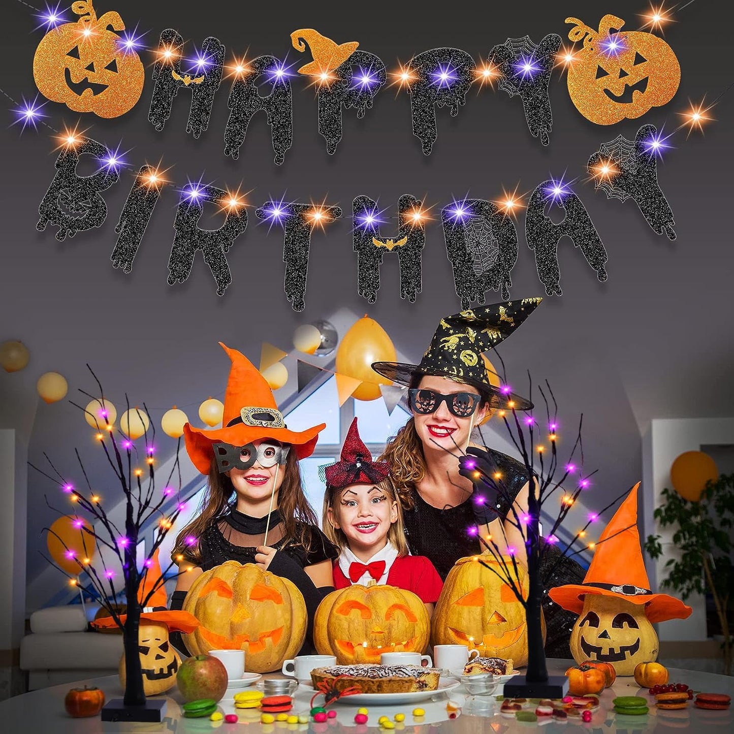 TETOU 2pcs-24'' Halloween Lighted Birches Tree,Total 24 LED Battery Operated Artificial Black Spooky Tree with Timer Halloween Decoration for Fall Home Bedroom Wedding Indoor Party-Orange Purple