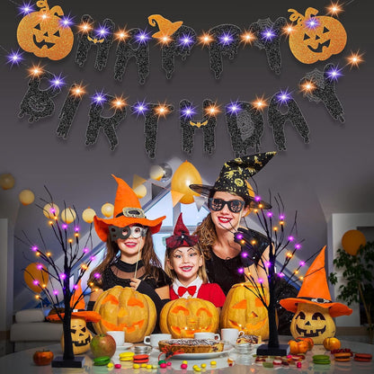 TETOU 2pcs-24'' Halloween Lighted Birches Tree,Total 24 LED Battery Operated Artificial Black Spooky Tree with Timer Halloween Decoration for Fall Home Bedroom Wedding Indoor Party-Orange Purple