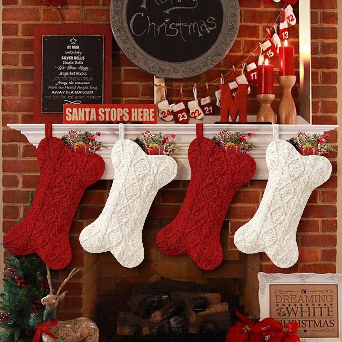 TETOU Dog Christmas Stocking, Bone Shape Knit Stocking, Xmas Dog Stocking, Hanging Christmas Decoration for Dogs Cats Pets Xmas Holiday Indoor Party-Red