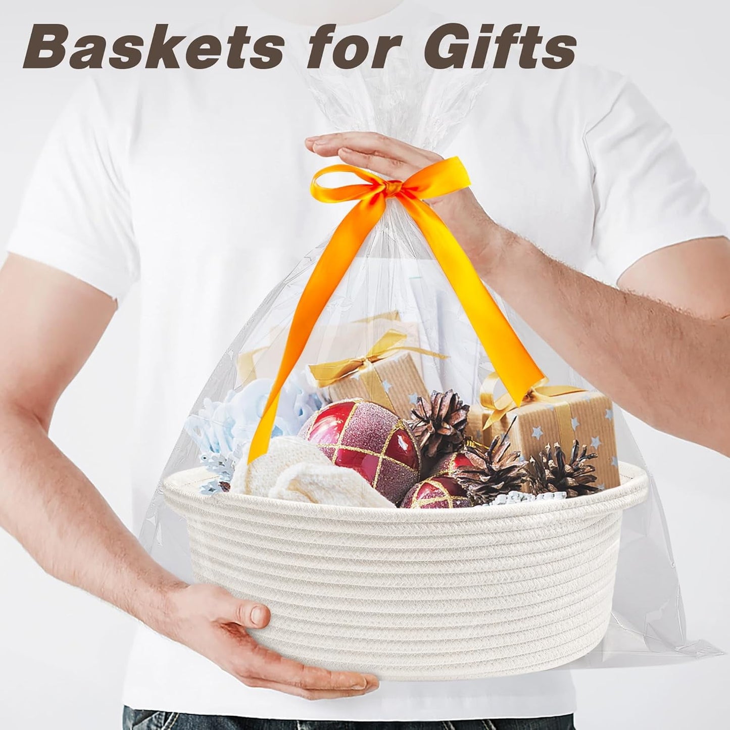 TETOU Small Woven Burr Basket with Gift Bags and Ribbons, 12"X 8" X 5" Durable Empty Rope Basket with Handles for Easter Christmas Party Storage Gifts supply