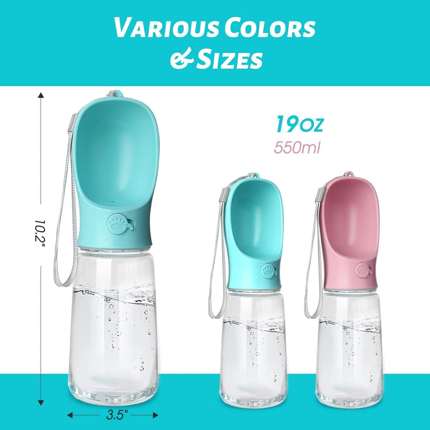 TETOU Dog Water Bottle, Leak Proof Portable Puppy Water Dispenser with Drinking Feeder for Pets Outdoor Walking Hiking Travel Food Grade Plastic