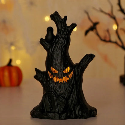 TETOU 3Pcs Halloween Ghost Tree Stump Light, Halloween Flameless LED Candle Holder Lights Battery Operated for Hallowe'en Party Table Home Spooky Decor - Black(Warm Light)