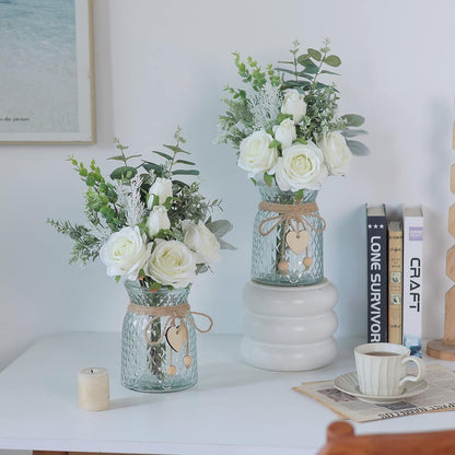 TETOU 14.5*11" Fake Flowers with Vase, Artificial Silk Roses in Vase, Fake Plant Eucalyptus Flower for Home Office Farmhouse Bathroom Dining Table Centerpiece Coffee Table Decor - White