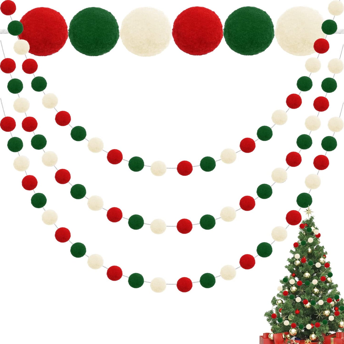 TETOU 3pk Christmas Pom Pom Garland Red Green White  Hanging Felt Ball String Banner Xmas Birthday Party Supplies
