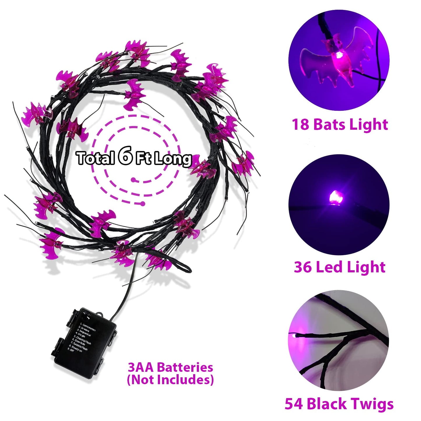 TETOU Halloween Willow Vine Twig Light LED Pumpkin Bat Branches Garland for Home Party Wall Fireplace Decoration