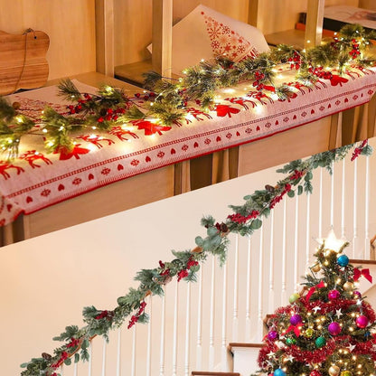 TETOU 5.9FT Christmas Garland Artificial Norfolk Smokey Pine Red Berry Garland with Lights Home Fireplace Decor