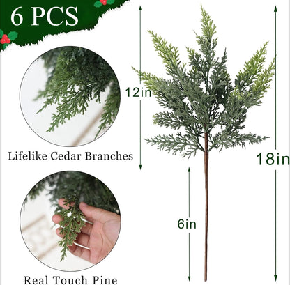 TETOU 6pcs Real Touch Cedar Branches,18" Artificial Christmas Cedar Branch Realistic Fake Pine Picks Faux Greenery Plants Stem for Vase DIY Crafts Garland Wreath Indoor Outdoor Home Decor