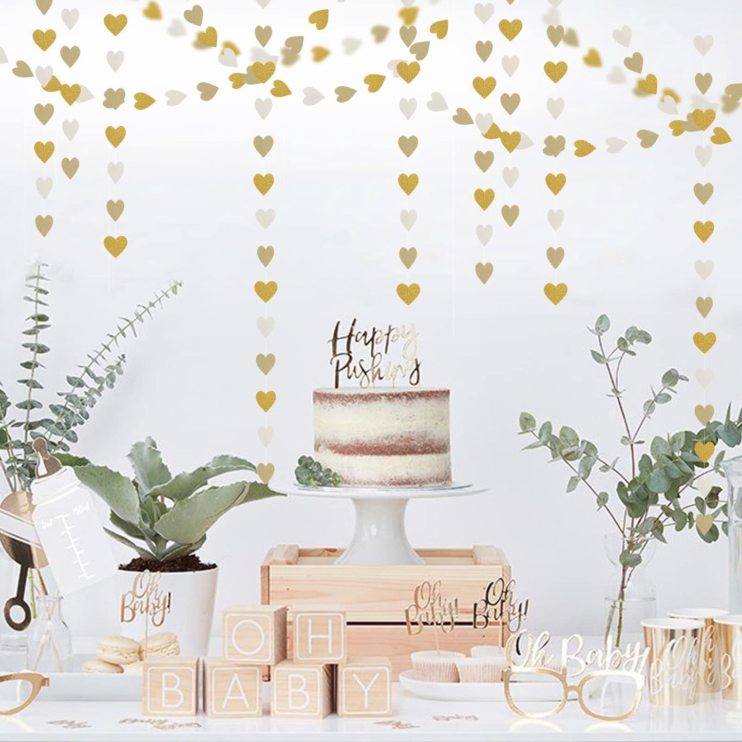 TETOU White-Gold Champagne Party Decorations Heart Garland,52Ft Hanging Paper Backdrop Streamers for Birthday New Years Graduation Christmas Wedding Engagement Bachelorette Decoration