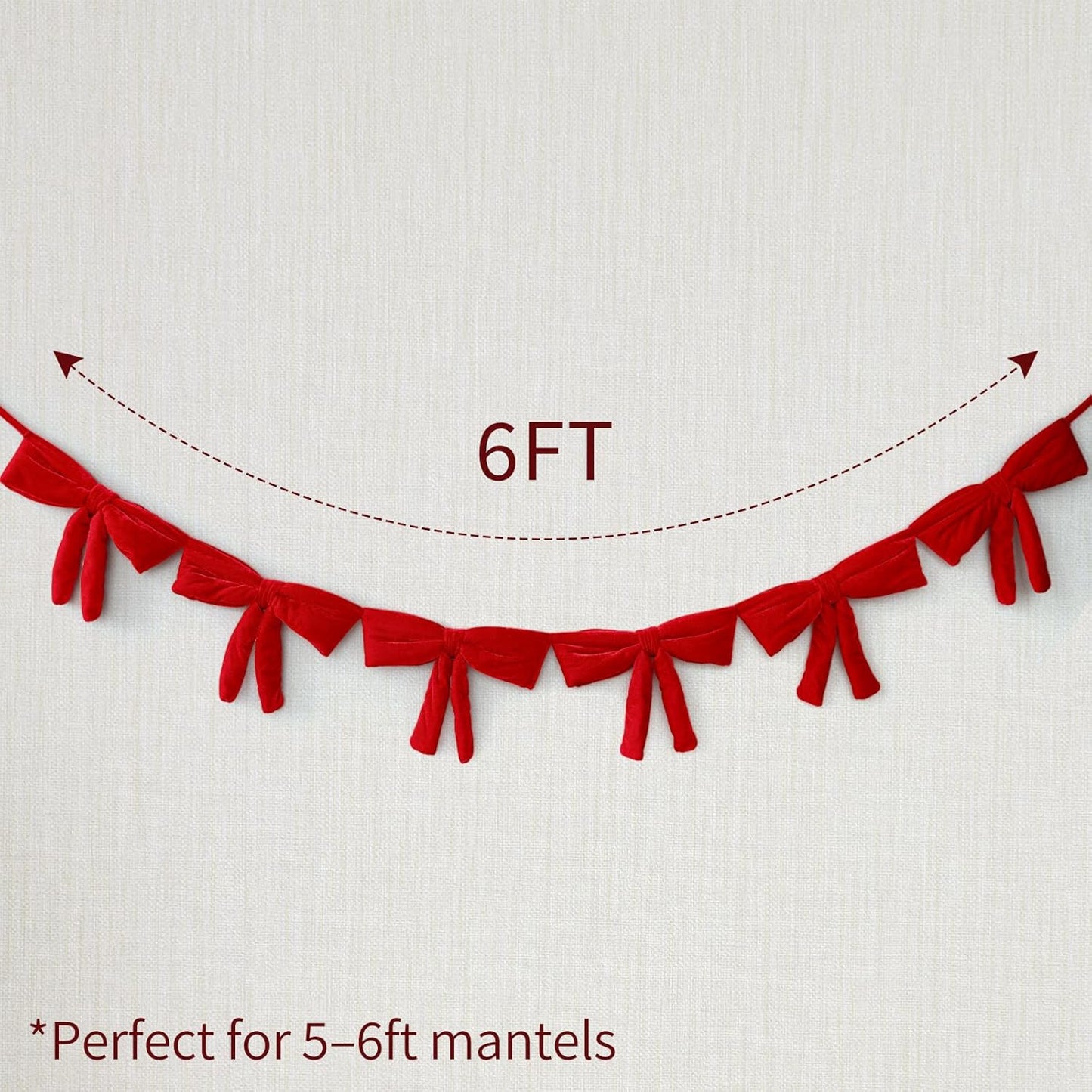 TETOU 6 Ft Christmas Bow Garland ,Red Velvet Bow Garland Banner for Christmas Tree Mantel Fireplace Shelf Cabinet Stand Door Window Frame Home Porch Indoor Holiday Valentines Decoration