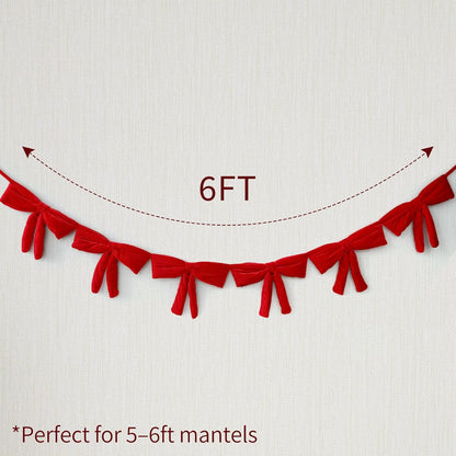 TETOU 6 Ft Christmas Bow Garland ,Red Velvet Bow Garland Banner for Christmas Tree Mantel Fireplace Shelf Cabinet Stand Door Window Frame Home Porch Indoor Holiday Valentines Decoration