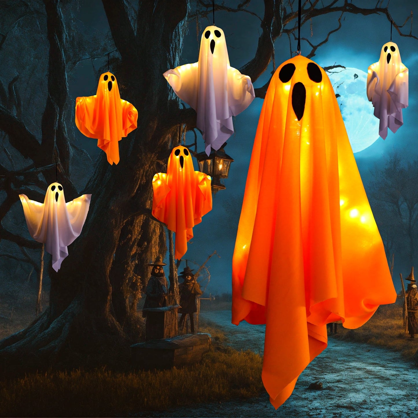 TETOU Hallowe'en LED Hanging Ghosts, 19.68" Cute Glowing Flying Ghost for Hallowe'en Party Front Yard Patio Lawn Garden Holiday Decor - Orange