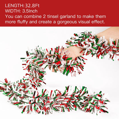 TETOU 32.8Ft Christmas Tinsel Garland Metallic Twist Red Green White Hanging Garland Wedding Birthday Decor