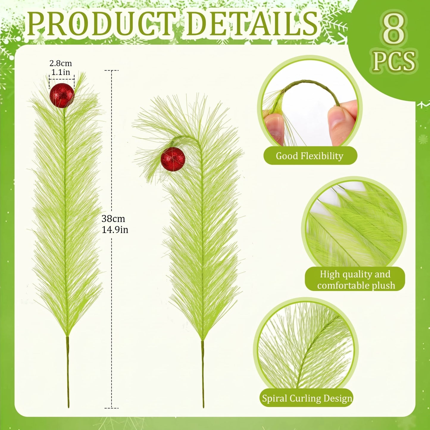 TETOU 8 Pcs Christmas Tree Topper,17'' Red Green Curly Stems Christmas Tree Ornaments for Christmas Tree Home Office Wreath Craft Decorations