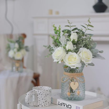 TETOU 14.5*11" Fake Flowers with Vase, Artificial Silk Roses in Vase, Fake Plant Eucalyptus Flower for Home Office Farmhouse Bathroom Dining Table Centerpiece Coffee Table Decor - White