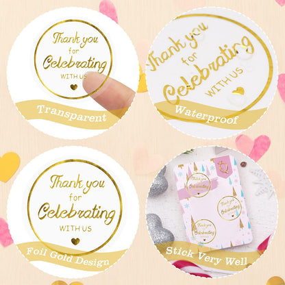 TETOU 500Pcs Thank You Stickers, 1.5 inch Thank You for Celebrating with Us Stickers Roll, Clear Thank You Stickers for Packaging Wedding Party Favors - Clear & Gold