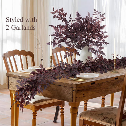 TETOU 2 Pcs Fall Garland for Mantle,6FT Plum Cimicifuga Seeded Fall Leaves Garland for Autumn Halloween Thanksgiving Harvest Home Fireplace Indoor Outdoor Decoration
