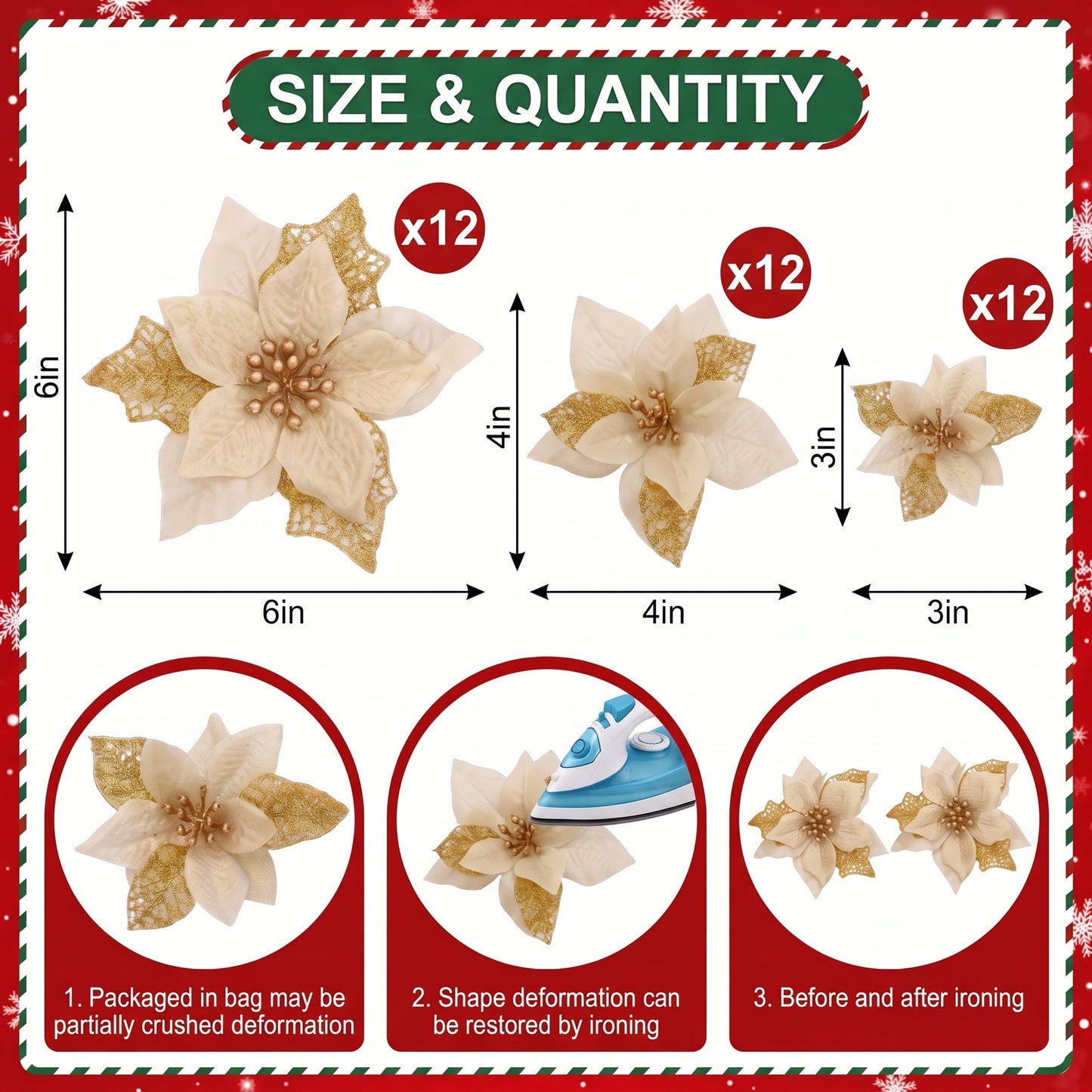 TETOU 36Pcs Gold Christmas Faux Flowers Ornaments, Xmas Artificial Glitter Poinsettia Flowers for Wedding New Year Christmas Tree Wreath Garland Decorations