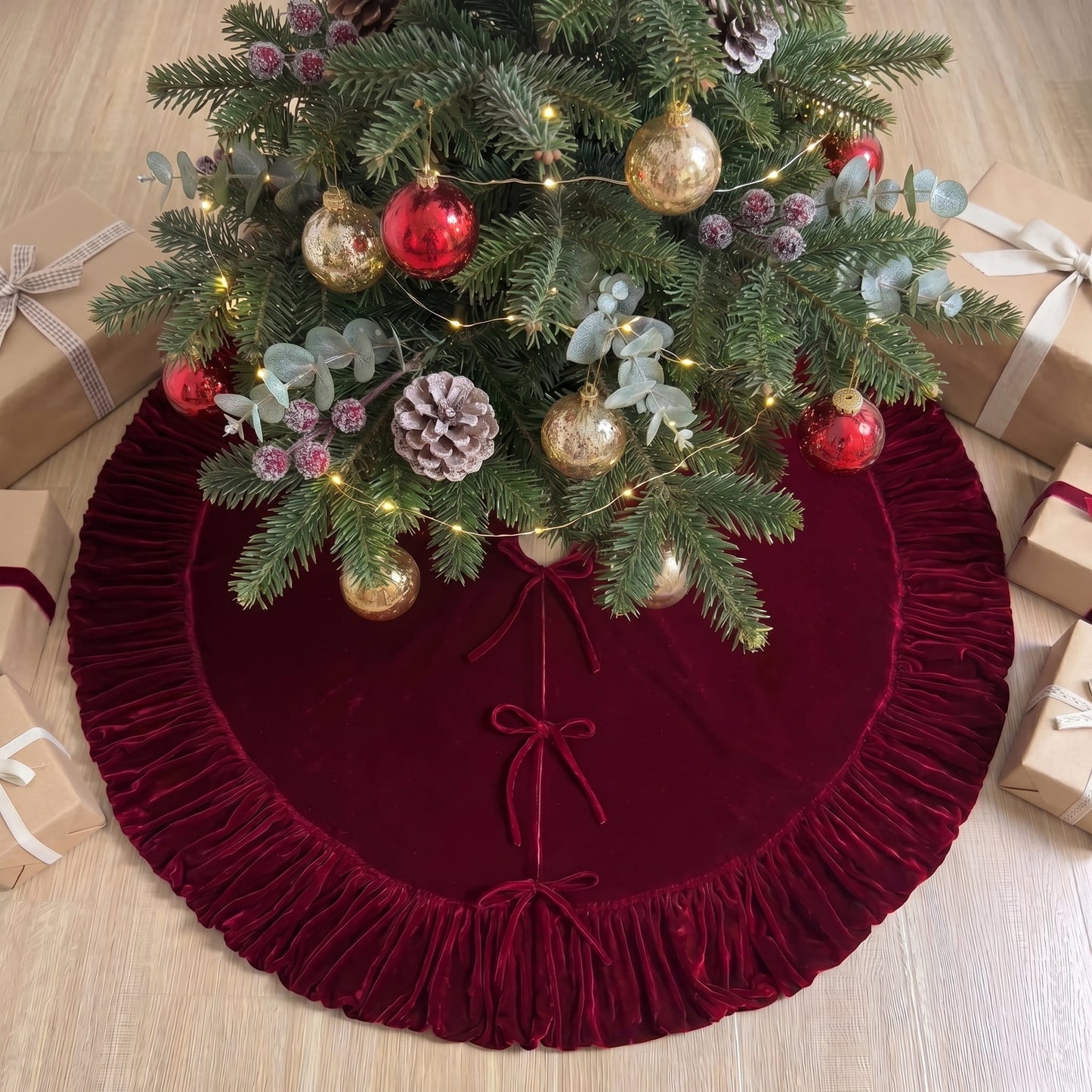 TETOU 36In Christmas Tree Skirt ,Burgundy Ruffled Velvet Xmas Tree Skirt with Felt Padding Nylon Backing and Lace-Up Tie Closure for ChristmasTree Party Gift Holiday Home Decor