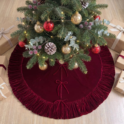 TETOU 36In Christmas Tree Skirt ,Burgundy Ruffled Velvet Xmas Tree Skirt with Felt Padding Nylon Backing and Lace-Up Tie Closure for ChristmasTree Party Gift Holiday Home Decor