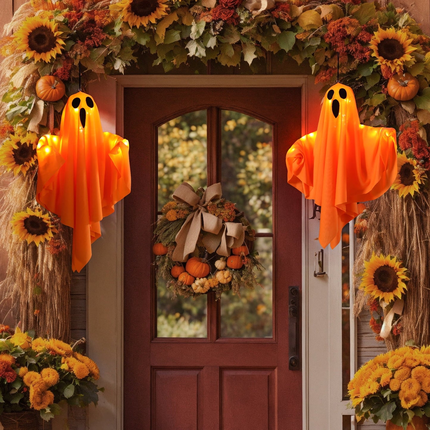 TETOU Hallowe'en LED Hanging Ghosts, 19.68" Cute Glowing Flying Ghost for Hallowe'en Party Front Yard Patio Lawn Garden Holiday Decor - Orange