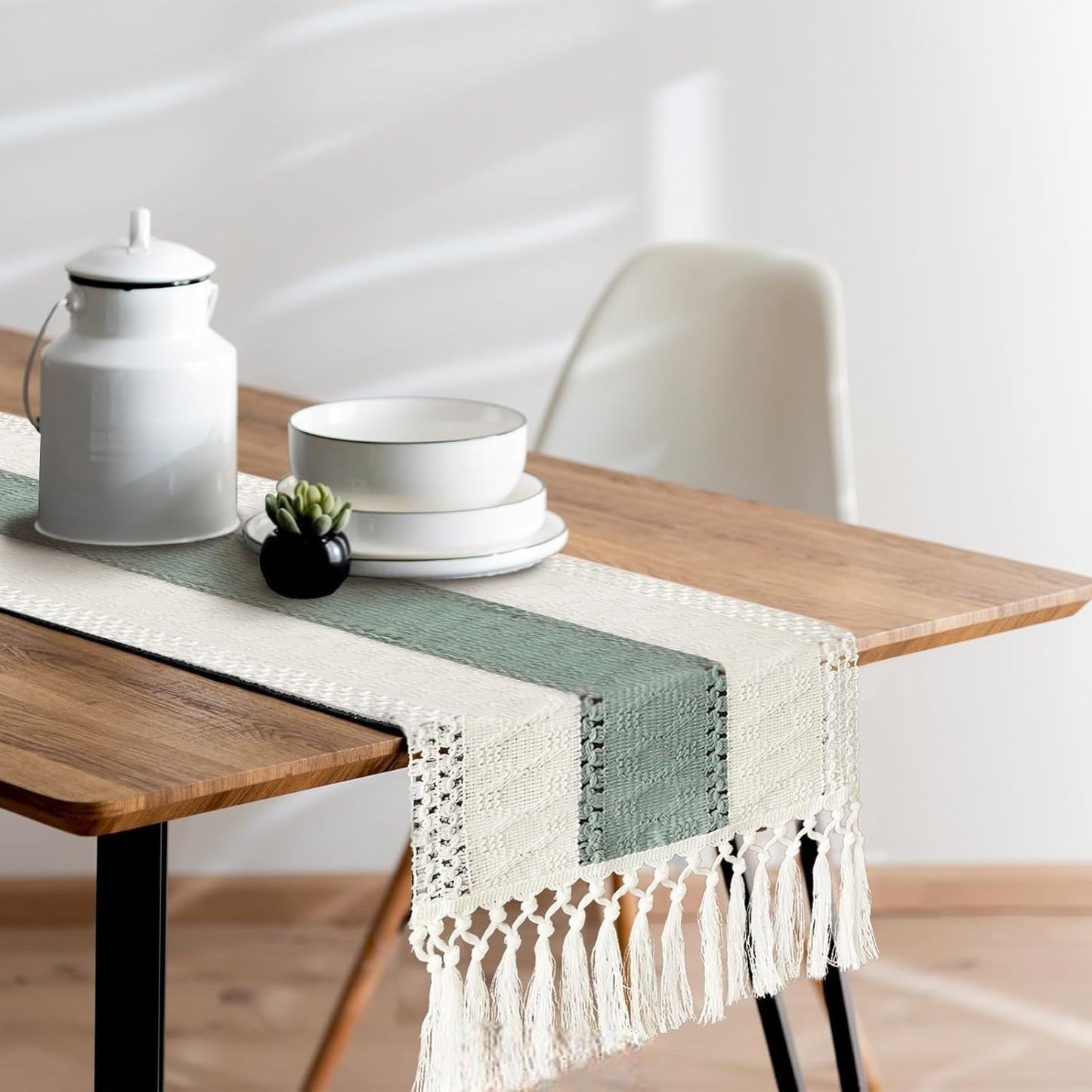 TETOU Sage Green Table Runner with Tassels 72 Inches Long Boho Macrame Farmhouse Table Runners for Home Decor Party Bohemian Rustic Bridal Shower Dining Decorations(12x72 Inches)