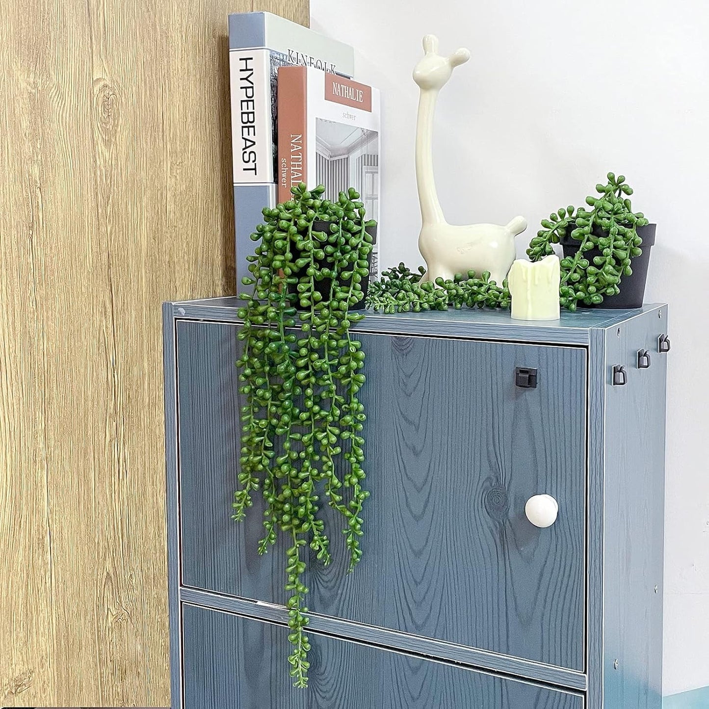 TETOU Faux Plants Artificial String of Pearls Plant in Pot Realistic Green Hanging Plants for Shelf Desk Home Garden Decor