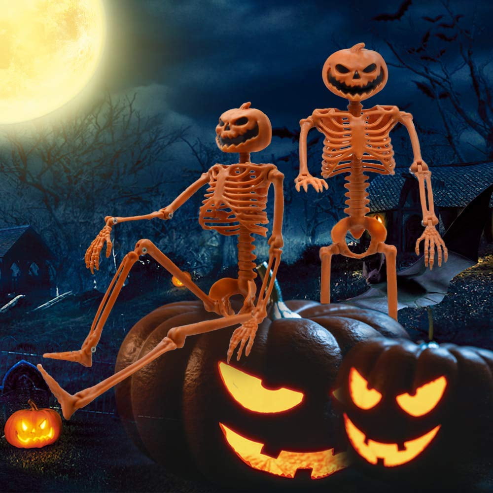 Halloween Pumpkin Skeleton Decorations with Posable Joints Skeletons for Party Haunted House Props Decorations, 2 Packs