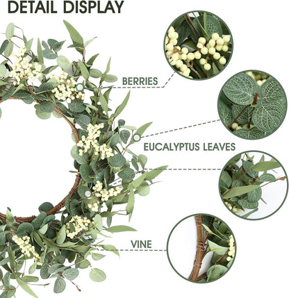 TETOU 20" Artificial Wreath, Eucalyptus Wreath, Spring Summer Wreath for Front Door Outside Farmhouse Decor Eucalyptus Wreath Window Hanging Wall Party Decorations